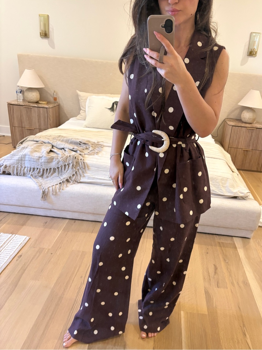Camila Coelho Dark Brown Polka Dot Wide-Leg set pants & vest